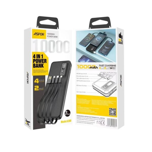 Aspor A300 10000mAh 4-in-1 Built-In Cable Power Bank