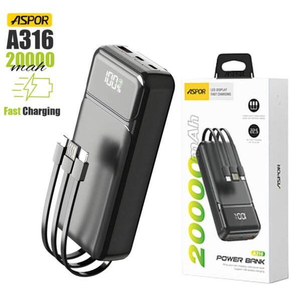 Aspor A316 20000mAh 22.5W Built-In Cable Power Bank