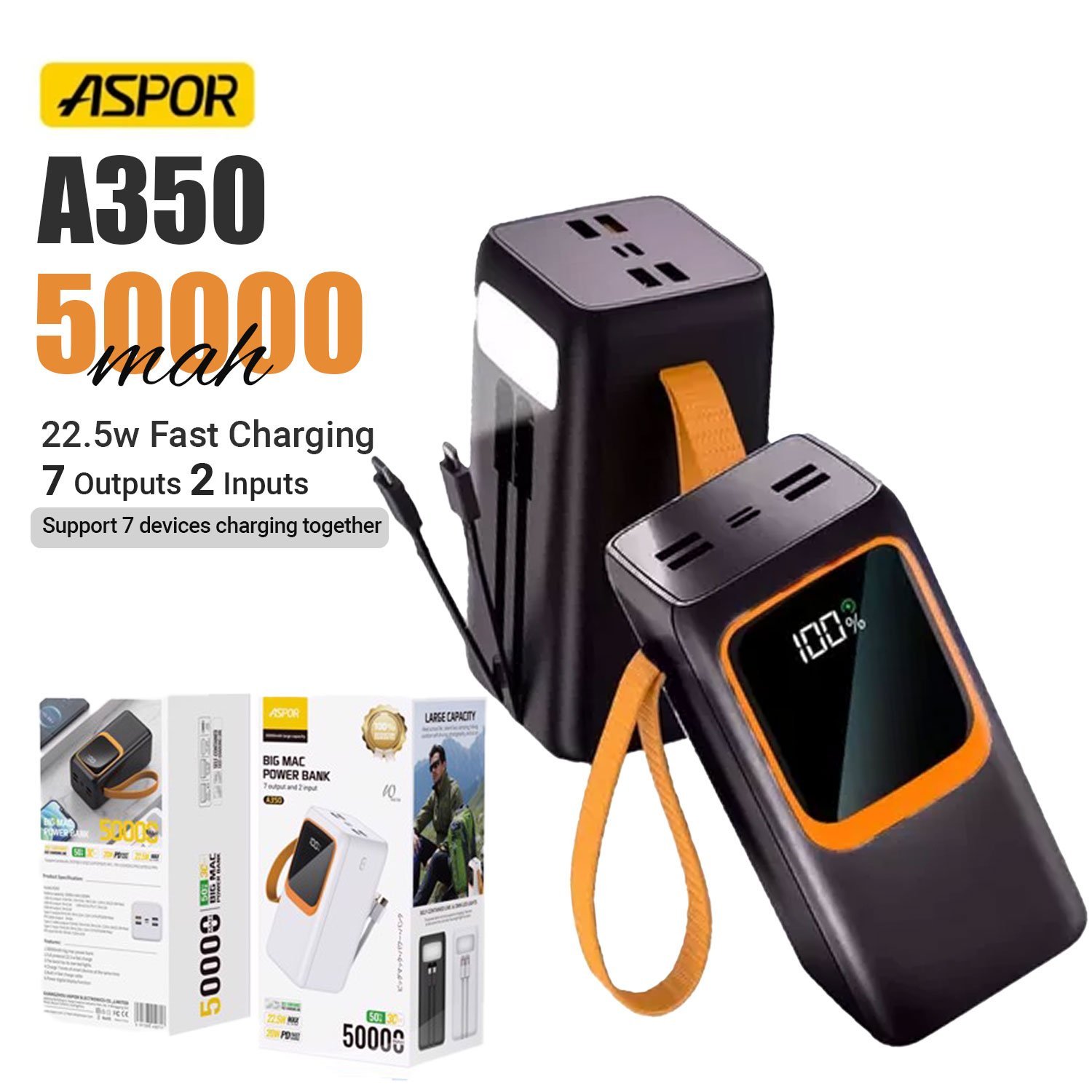 Aspor A350 50000mAh 22.5W 7-Output Power Bank with Flashlight