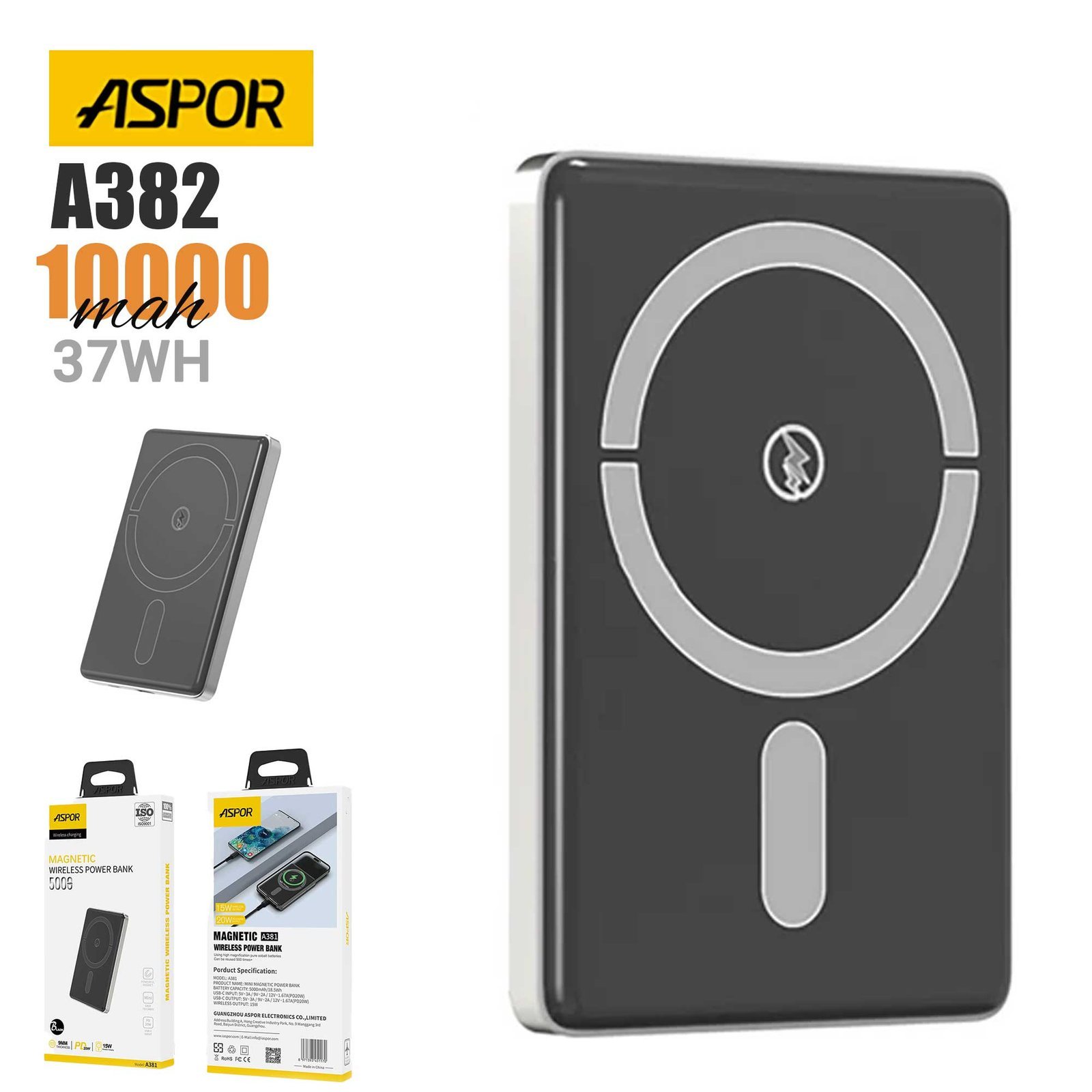 Aspor A382 10000mAh Magnetic Portable Mini Wireless Power Bank