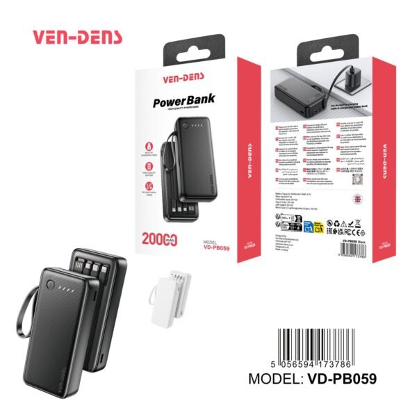 Ven Dens VD-PB059 20000mAh 2.4A Power Bank with LED & Cables